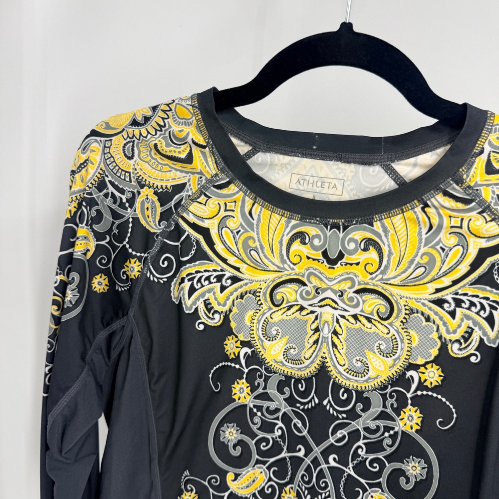 Athleta Pacifica Rashguard Long Sleeve Paisley Mandala Black Yellow 268486 S - Picture 2 of 9